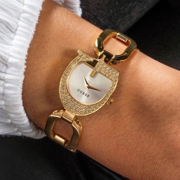 Guess Gold G Link Bracelet Watch With Crystal G-Shaped Case & Adjustable Links - Picture 1 of 7